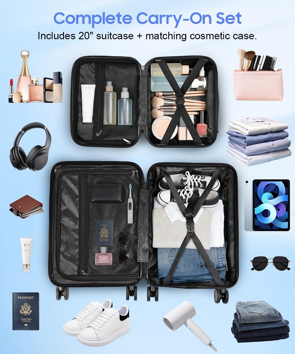 Hard Shell Luggage Set 4 Piece with Spinner Wheels, 20/24/28 Inch Suitcases with TSA Lock, 20in Carry On with Front Laptop Pocket & USB Port, Travel Suitcase Set with Cosmetic Case