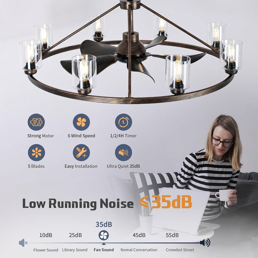 44' Large Ceiling Fans with Lights Wagon Wheel Chandelier, Farmhouse Fandelier Classical Black Fans with Glass Lampshade Light Fixture,App, 6 Speed,Timing,Adjustable Height for Dining Room Living Room