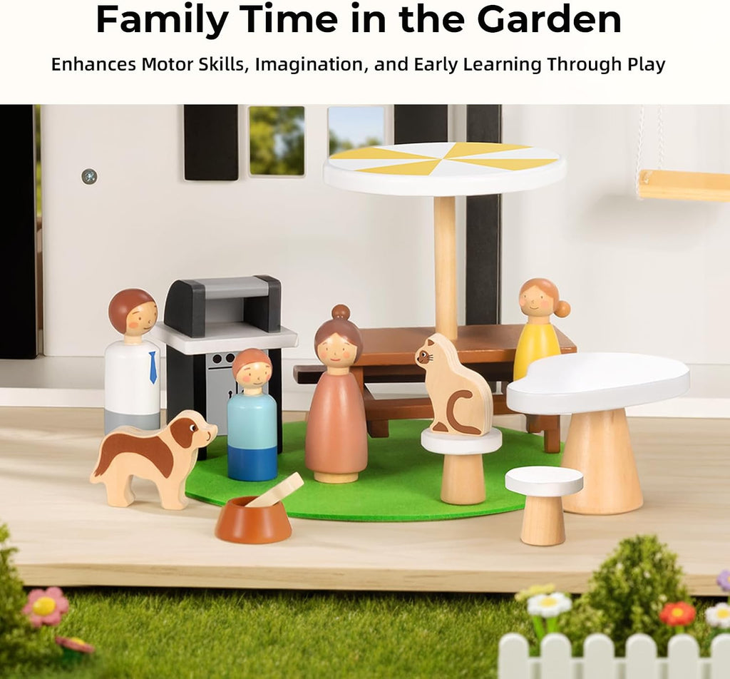 OOOK Wooden Dollhouse, Modern Doll House with 66Pcs Luxurious Furniture Accessories, Including Dolls and Pet Sets, Wood Dollhouse Toy for Boys and Girls 3+
