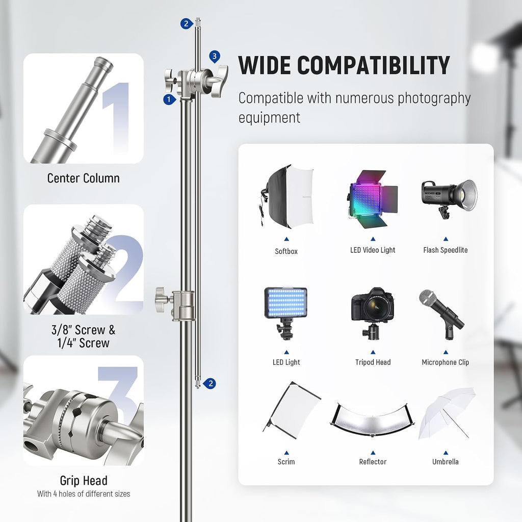 NEEWER Stainless Steel Heavy Duty C Stand with Swivel Casters, 43'-73'/110-186cm Photography Light Stand with 33'/83cm Boom Arm, 2 Grip Heads for Studio Monolight, Softbox, Reflector, SC186W