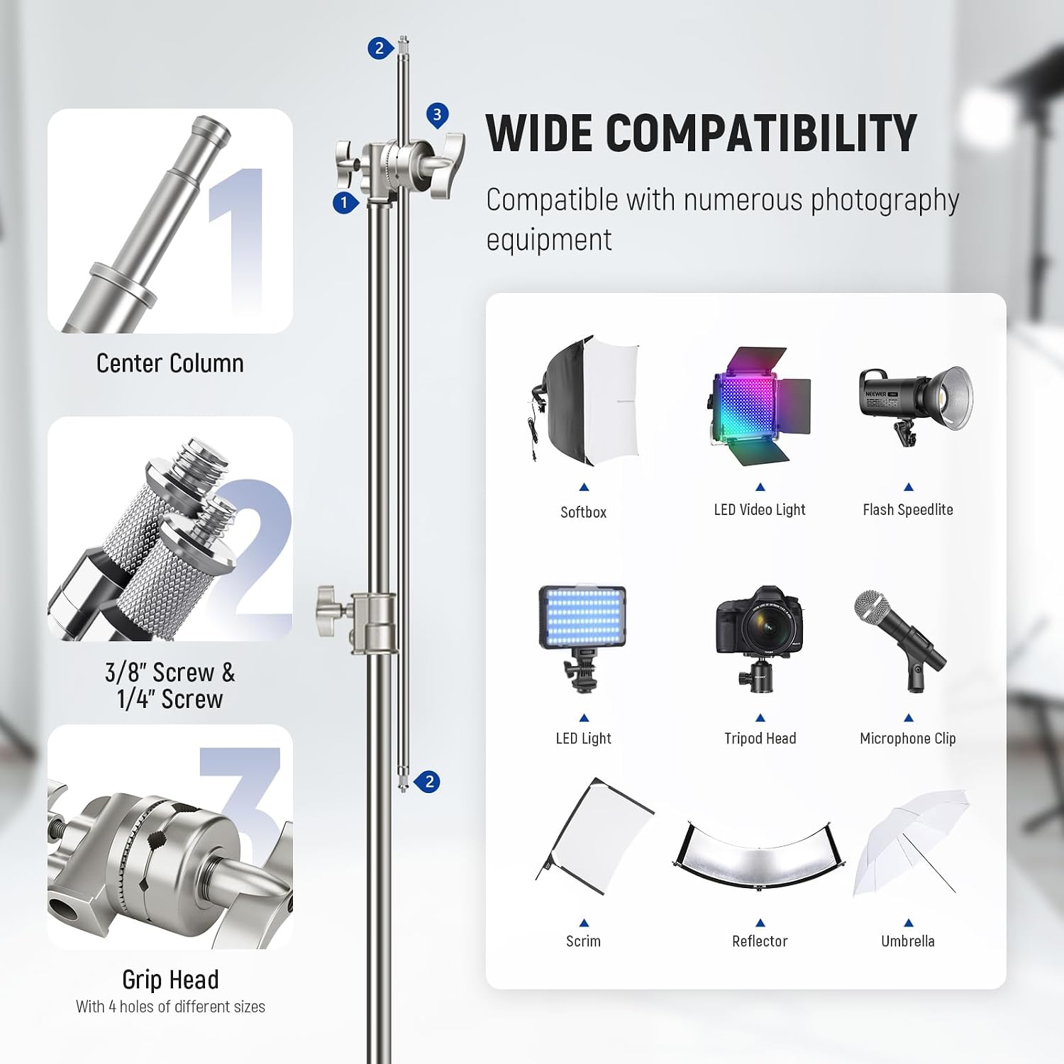 NEEWER Stainless Steel Heavy Duty C Stand with Swivel Casters, 43'-73'/110-186cm Photography Light Stand with 33'/83cm Boom Arm, 2 Grip Heads for Studio Monolight, Softbox, Reflector, SC186W