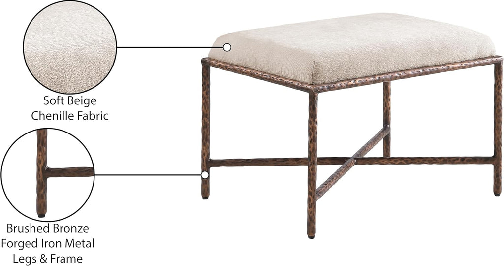 Meridian Furniture 22063Beige Valley Collection Modern | Contemporary Bench with Soft Beige Chenille Fabric, Brushed Bronze Forged Iron Metal Legs and Frame, 25' W x 18' D x 18' H, Beige