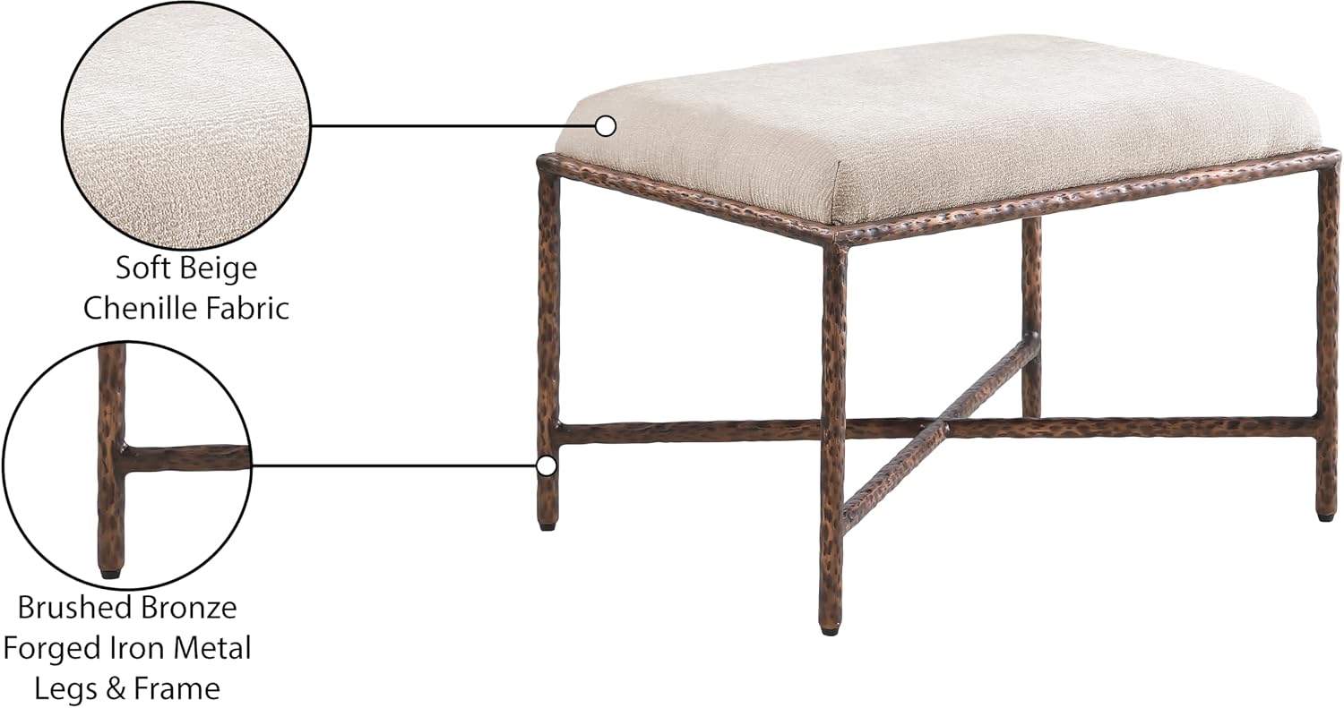 Meridian Furniture 22063Beige Valley Collection Modern | Contemporary Bench with Soft Beige Chenille Fabric, Brushed Bronze Forged Iron Metal Legs and Frame, 25' W x 18' D x 18' H, Beige