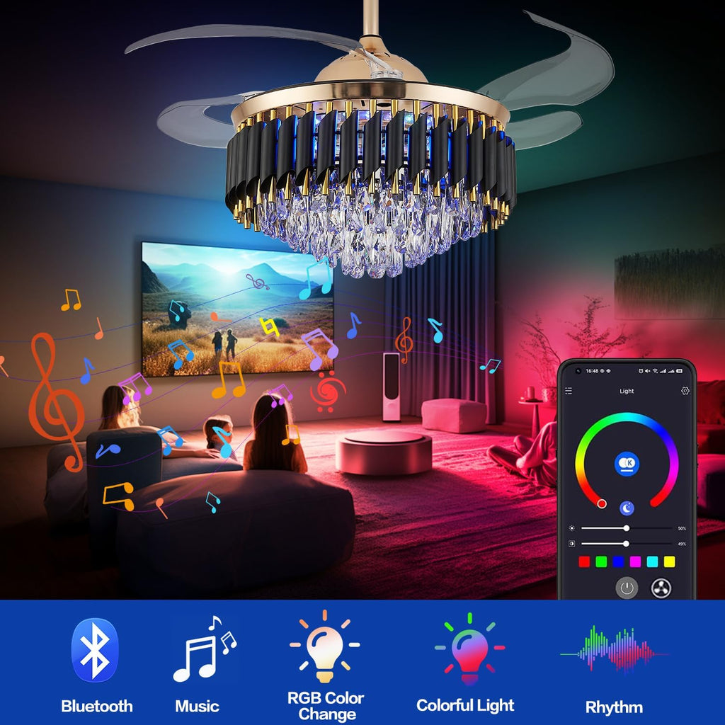 36' Bluetooth Ceiling Fan with Speaker, RGB-LED Dimmable Light 6 Speeds Reversible Blades Modern Fandelier Chandelier with Remote APP Control Memory Timer Function for Bedroom Gold