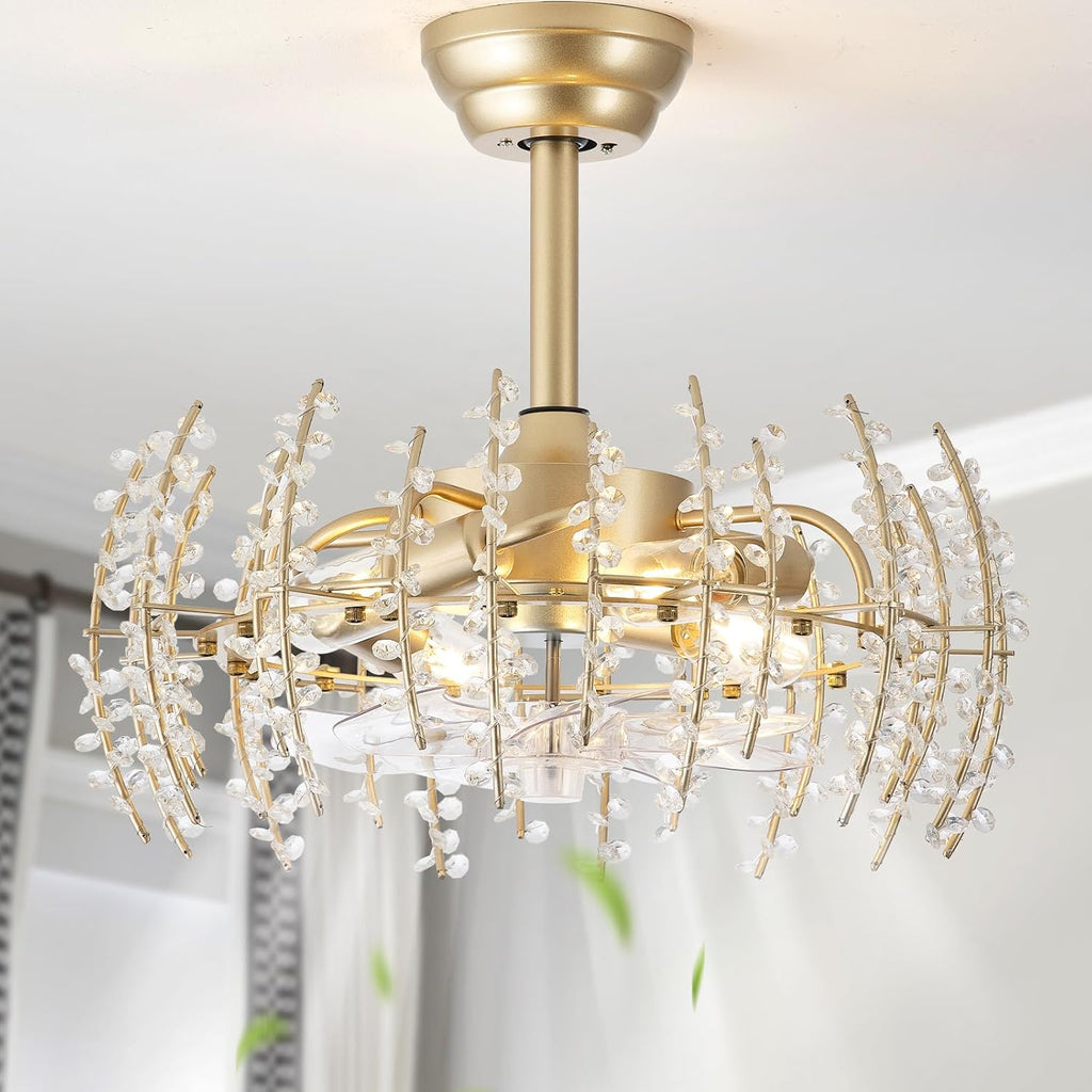20' Gold Crystal Flower Fandelier Ceiling Fan with Light, Gold Crystal Chandelier Ceiling Fans Remote Control with 6 Speeds for Bedroom, Living Room, Nursery