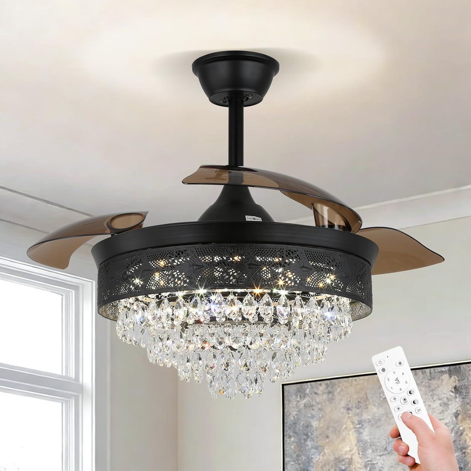 42' Black Crystal Fandelier Dimmable LED Ceiling Fan with Lights Retractable Blades 3 Color with Memory Quiet Reversible 6 Speeds Timer for Bedroom Living Room Dining Room