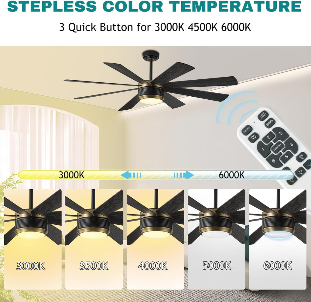SHOWDI Ceiling Fans with Lights and Remote, Black Gold 60 in | 2 Blade Color, Metal Material, App Remote Control, Timer, Reversible, 3CCT, Dimmable for Bedroom, Living room, Indoor