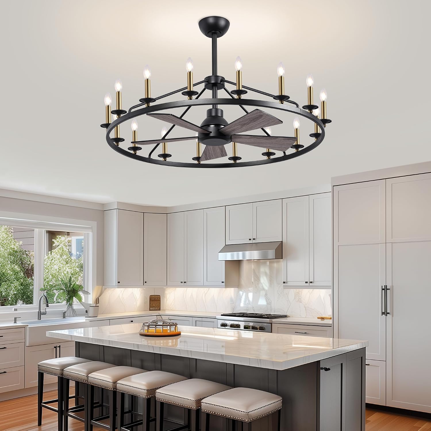44' Wagon Wheel Chandelier with Fans, Black and Gold Wagon Wheel Ceiling Fan with 16-Light and Remote, Farmhouse Chandelier for Living Room, Adjustable Height, 6-Speed Reversible Quiet Large Fandelier