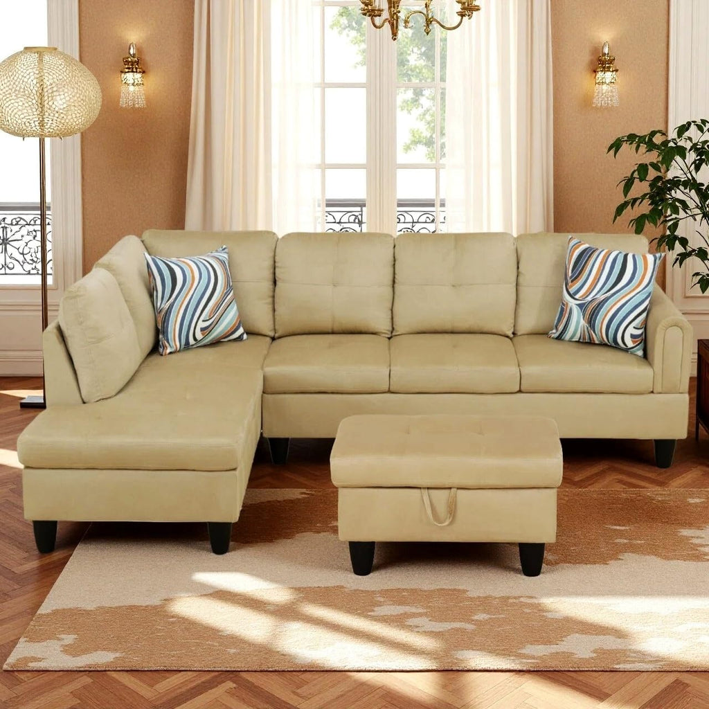 97' L Shaped Couch Sectional Couches with Chaise and Storage Ottoman, 3 Pieces Modular Convertible Sofa for Living Room Furniture Sets and Small Apartment, Beige