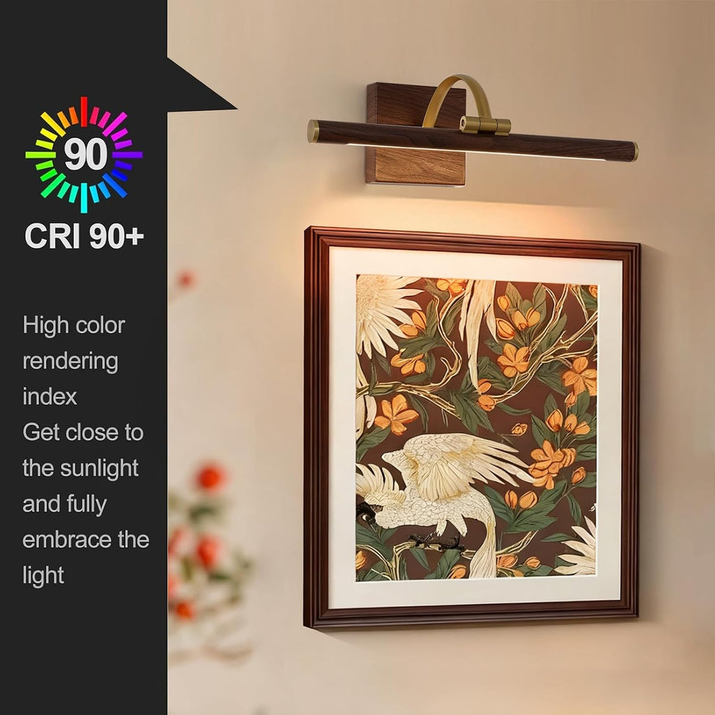 2 Pack Brass & Wood Wall Mount LED Picture Light, Hard Wired Dimmable Swing Arm Art Gallery Lamp 2700K Warm White Home Art Painting Decor Light