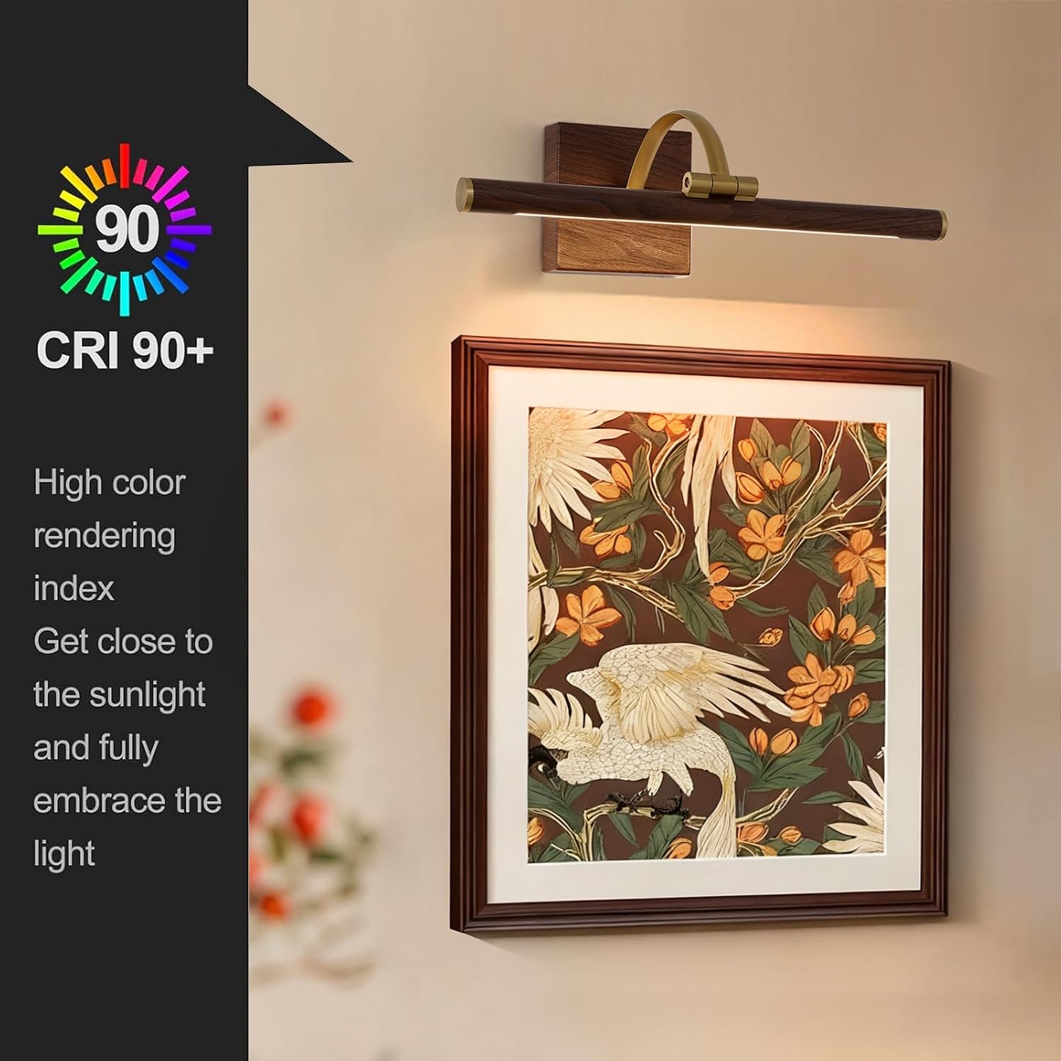 2 Pack Brass & Wood Wall Mount LED Picture Light, Hard Wired Dimmable Swing Arm Art Gallery Lamp 2700K Warm White Home Art Painting Decor Light