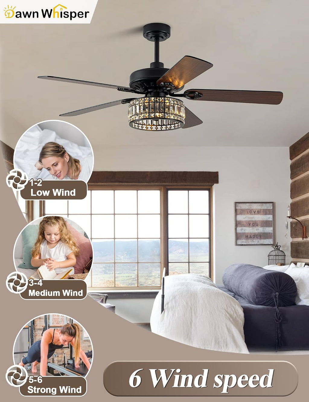 Dawn Whisper 52 Inch Black Crystal Chandelier Ceiling Fans with Lights Modern Farmhouse Vintage Ceiling Fans for Living Room Bedroom Quiet Reversible DC Motor 6 Speeds 3*E26 Light Bulbs Base