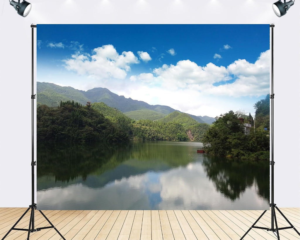 Trykid 20x10ft Mountain Lake Backdrop Calm Reflections Lush Greenery Pagoda Overlook Clear Sky Photography Background Travel Wedding Event Decor Party Decoration Photo Booth Prop Fabric