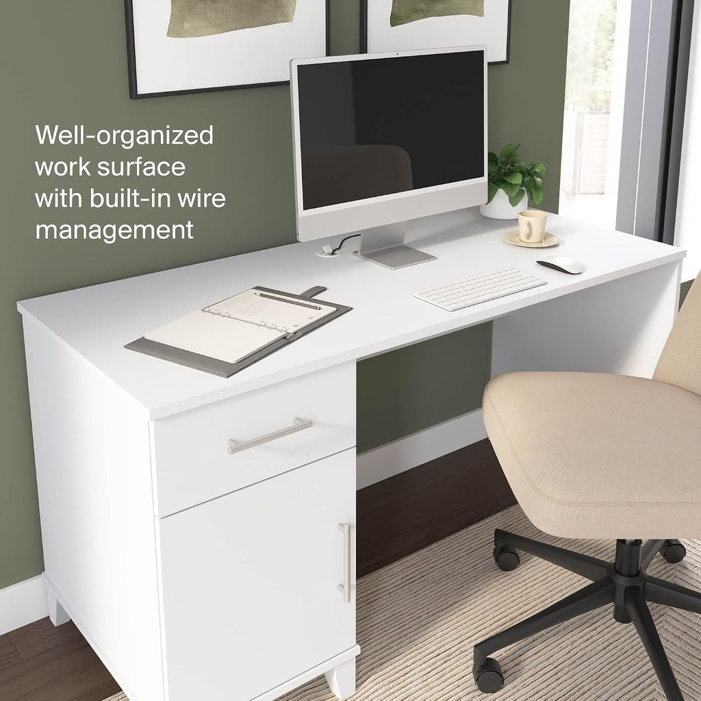 Bush Home 54-Inch Office Desk with Drawer and Storage Cabinet, Computer Desk with Box Drawer and Adjustable Shelf, Home Office Workstation Furniture, Somerset Collection, White
