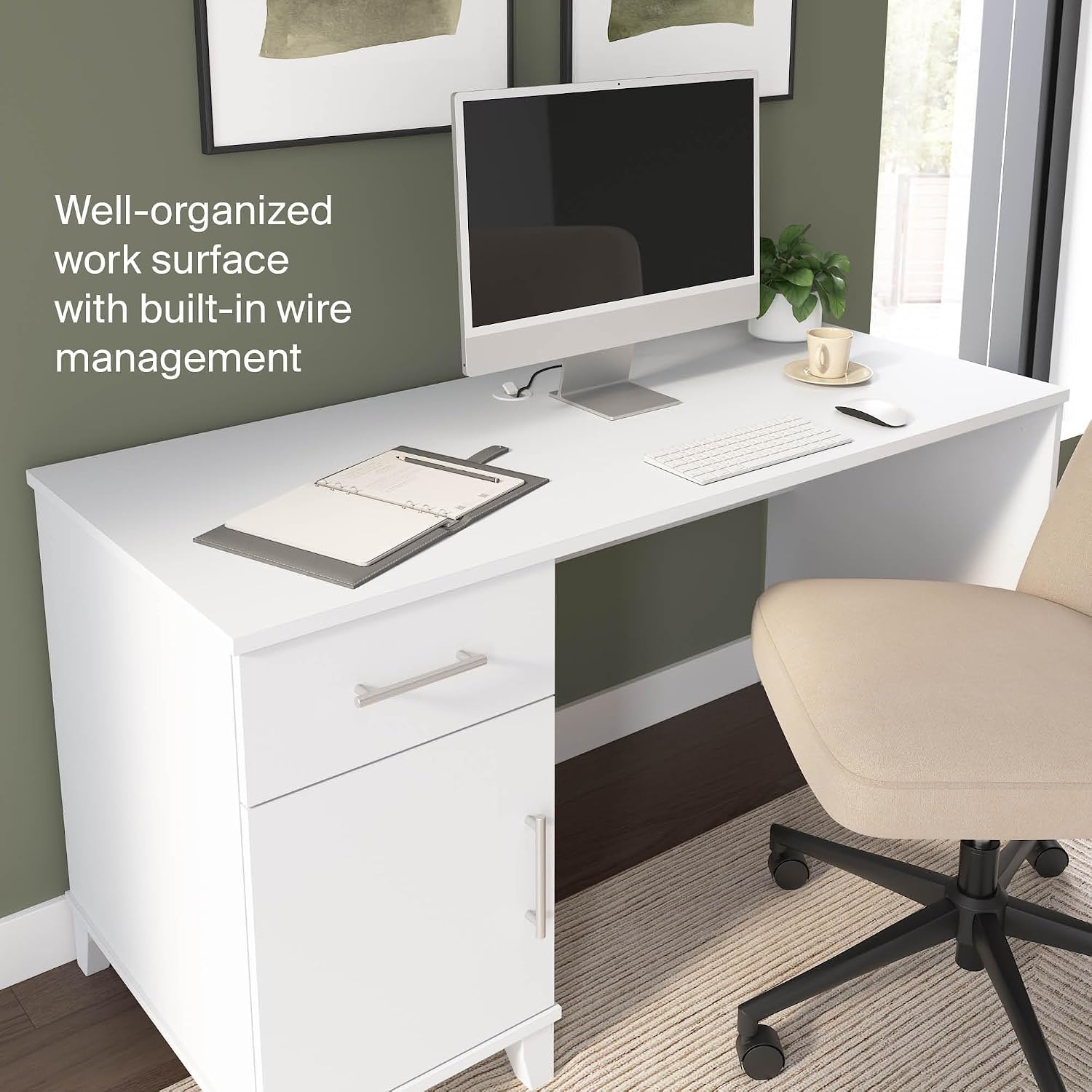 Bush Home 54-Inch Office Desk with Drawer and Storage Cabinet, Computer Desk with Box Drawer and Adjustable Shelf, Home Office Workstation Furniture, Somerset Collection, White