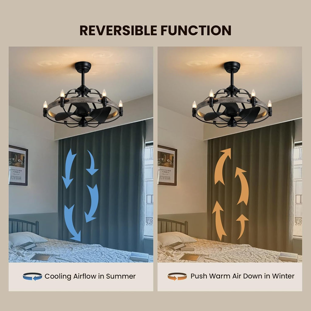 27'' Farmhouse Cage Ceiling Fan with Light Remote Control, Ash Brown Rustic Ceiling Fan with Lights,Vintage Chandelier Fan for Kitchen Dining Room Living Room