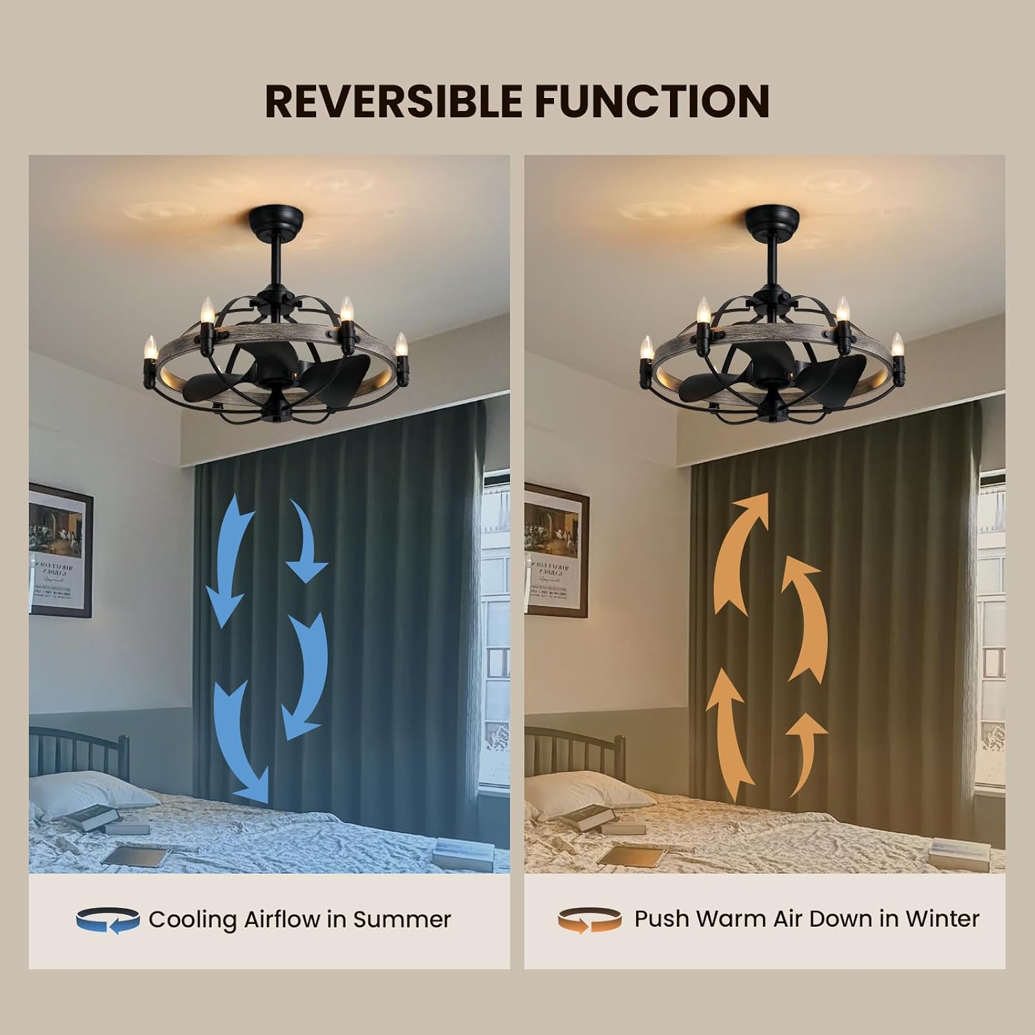 27'' Farmhouse Cage Ceiling Fan with Light Remote Control, Ash Brown Rustic Ceiling Fan with Lights,Vintage Chandelier Fan for Kitchen Dining Room Living Room