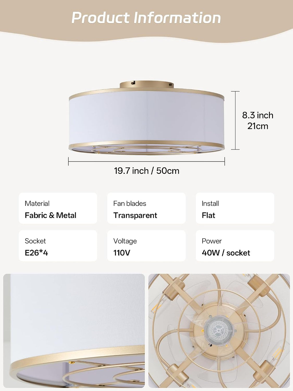 Caged Low Profile Ceiling Fans with Lights, Bladeless Ceiling Fan with lights Remote, Flush Mount Modern Enclosed with 6 Speeds for Bedroom, Kitchen (Gold)