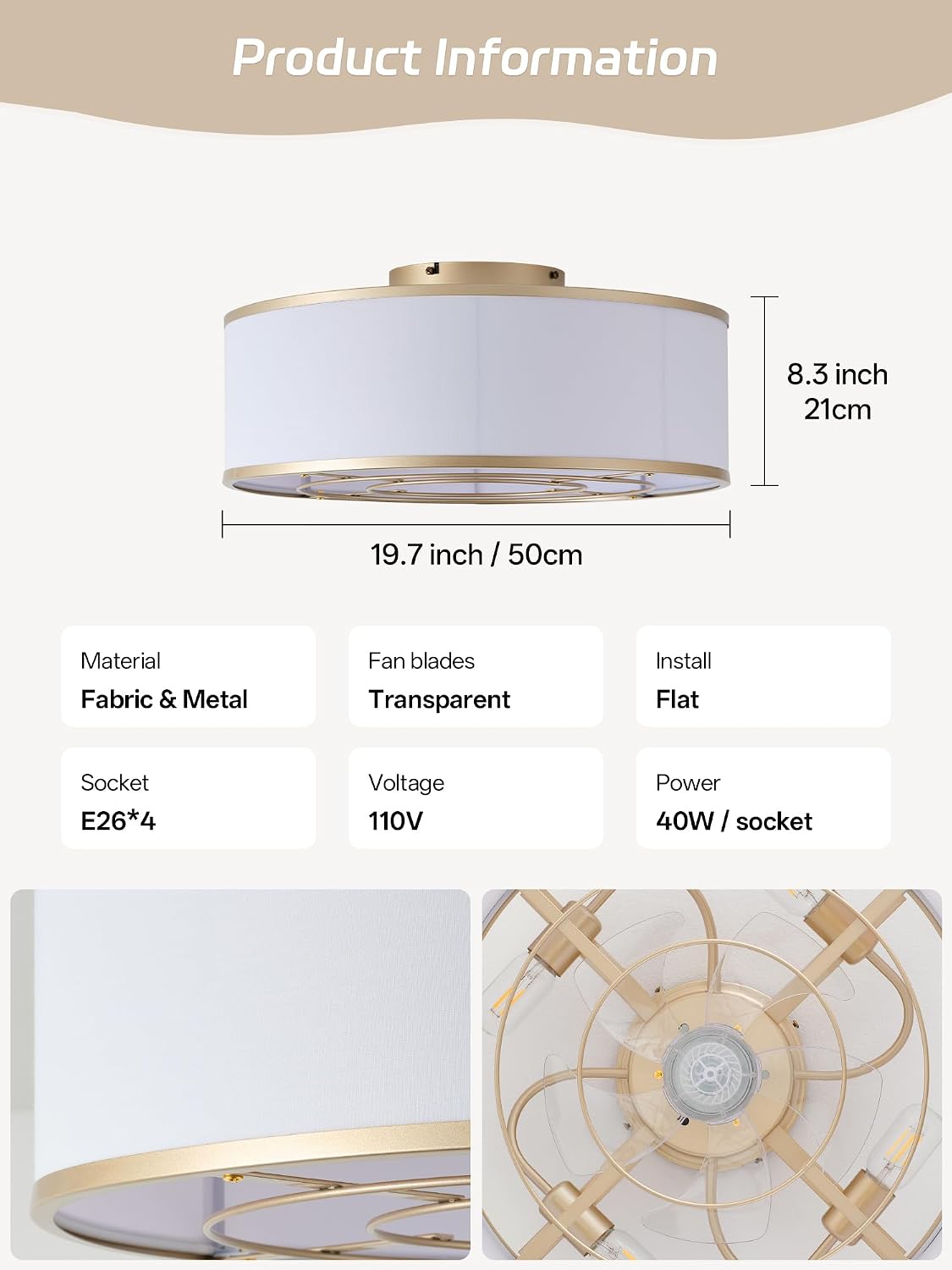 Caged Low Profile Ceiling Fans with Lights, Bladeless Ceiling Fan with lights Remote, Flush Mount Modern Enclosed with 6 Speeds for Bedroom, Kitchen (Gold)