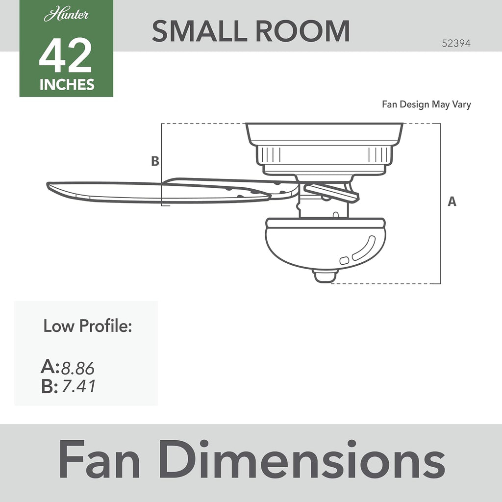 Hunter 42 inch Indoor Ceiling Fan with LED Light - Black Ceiling Fan with Pull Chain, For Bedroom or Living Room, Low Profile Flush Mount, No Remote, 5 Blades - Newsome 52394, Matte Black