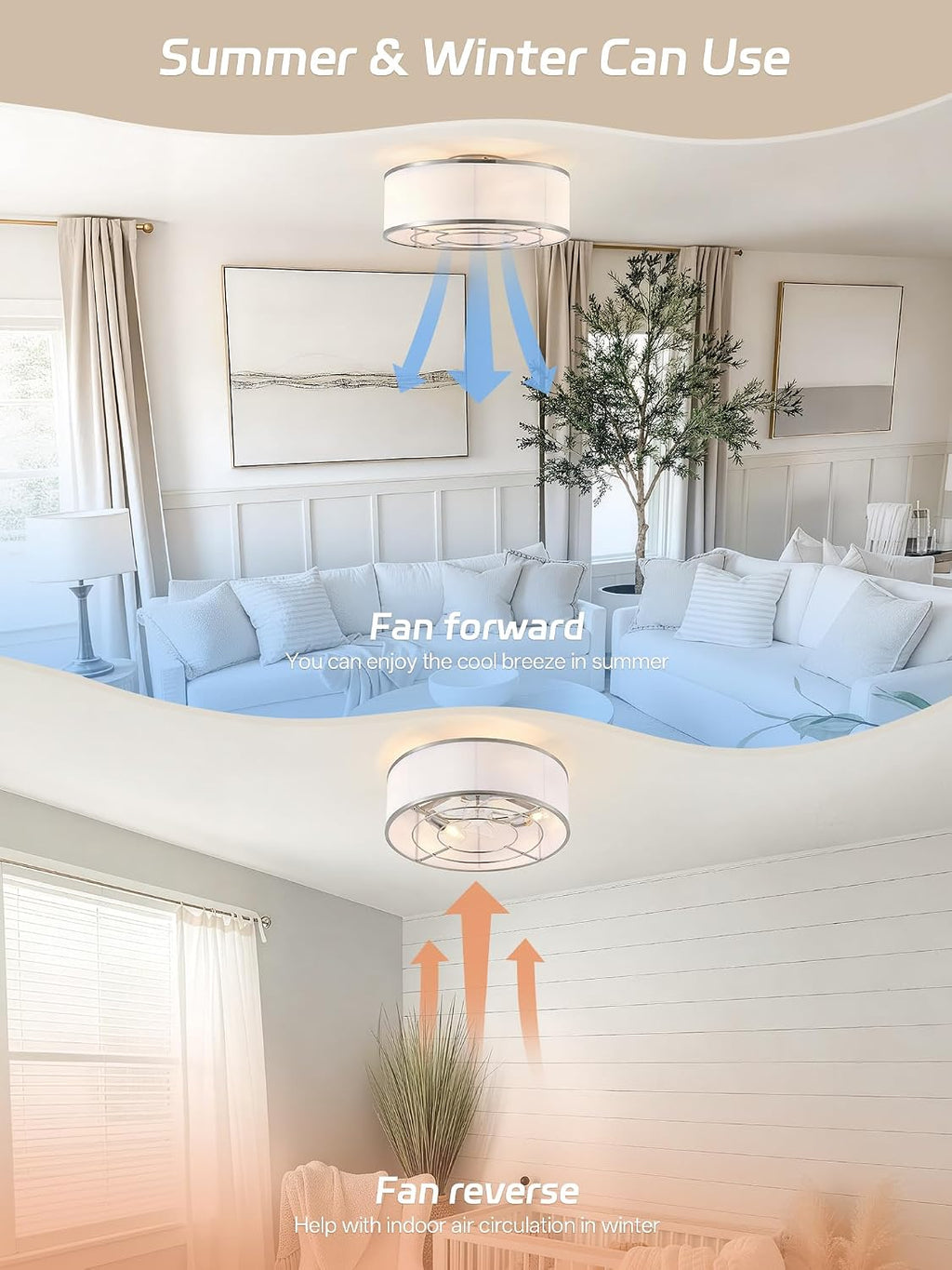 Caged Low Profile Ceiling Fans with Lights, Bladeless Ceiling Fan with lights Remote, Flush Mount Modern Enclosed with 6 Speeds for Bedroom, Kitchen (Nickel)