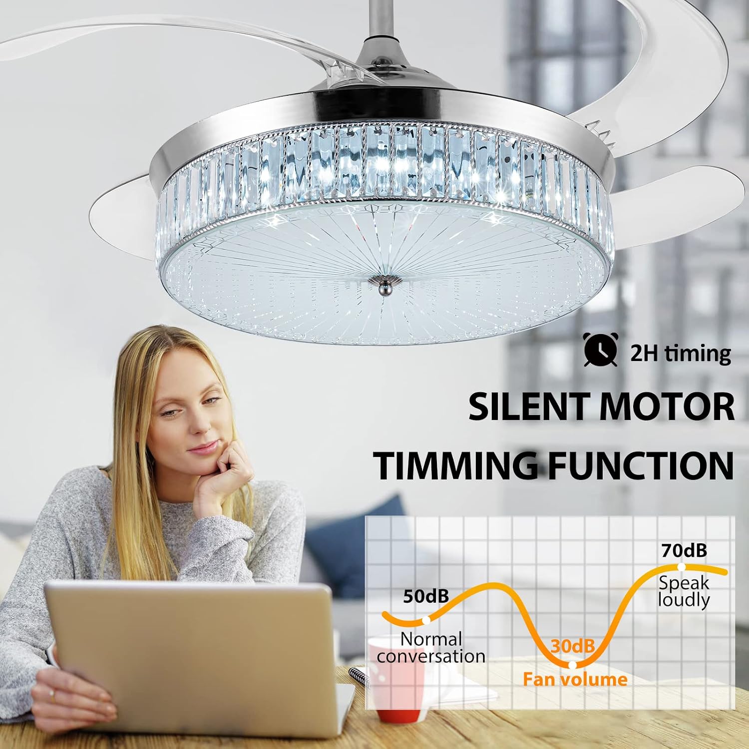 Bavnnro Crystal Ceiling Fans with Lights,42 Inch LED 3 Color Remote Control Retractable Invisible Blades 3 Speeds Indoor Ceiling Light Kits with Fans for Decorate Living Room Bedroom