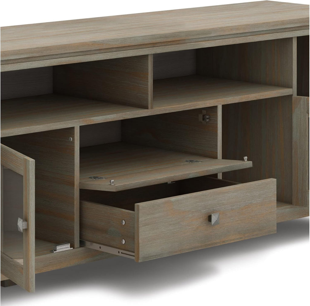 SIMPLIHOME Cosmopolitan SOLID WOOD Universal TV Media Stand, 72 inch Wide, Contemporary, Living Room Entertainment Center with Storage, for Flat Screen TVs up to 80 inches in Distressed Grey
