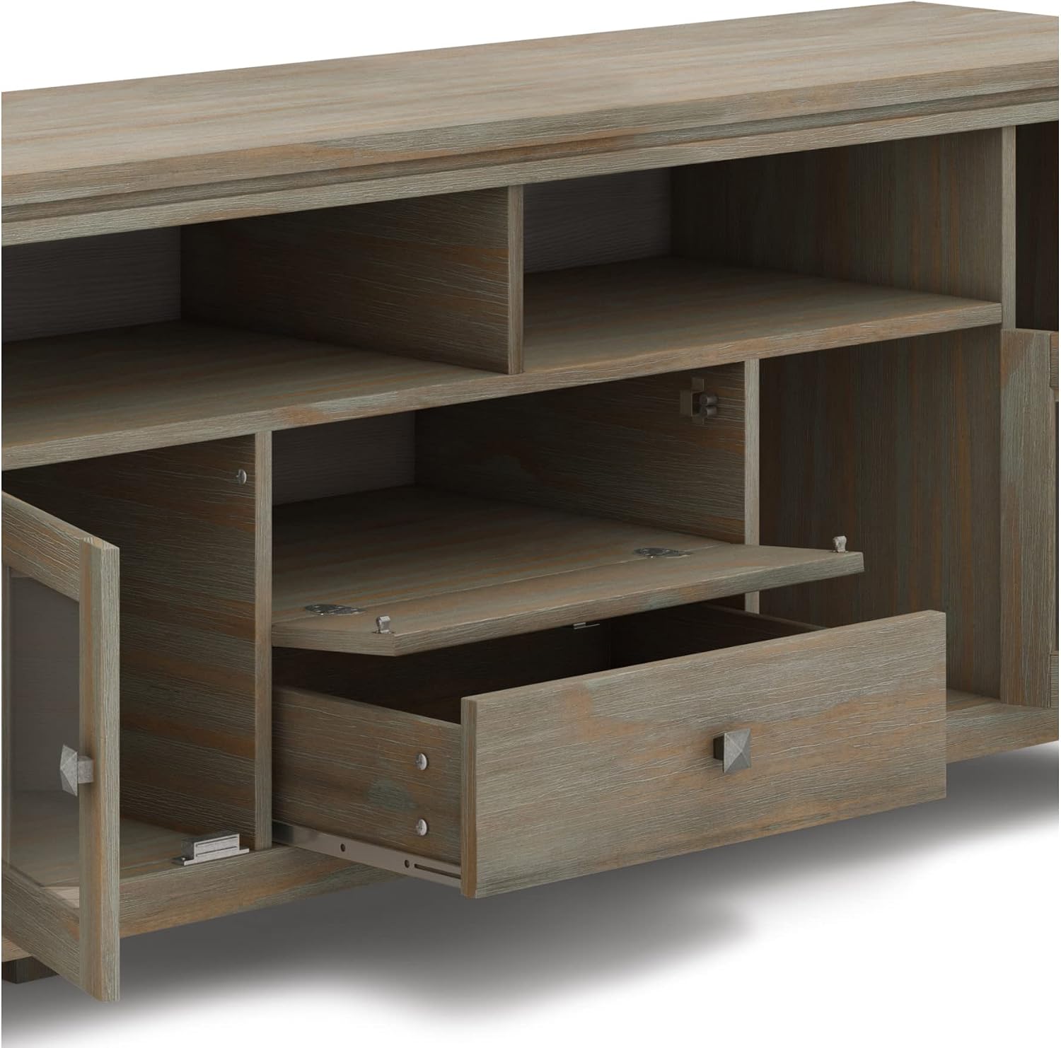SIMPLIHOME Cosmopolitan SOLID WOOD Universal TV Media Stand, 72 inch Wide, Contemporary, Living Room Entertainment Center with Storage, for Flat Screen TVs up to 80 inches in Distressed Grey