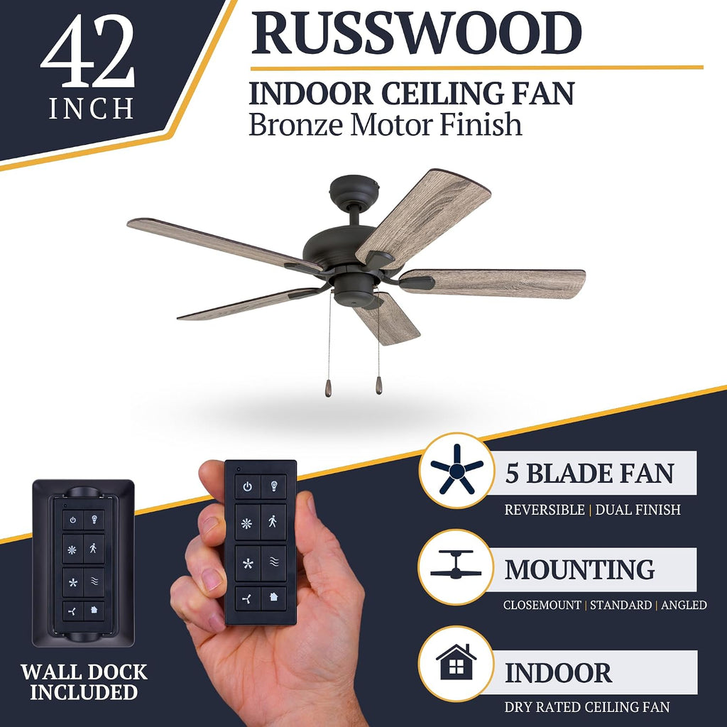 Prominence Home Russwood, 42 Inch Farmhouse Ceiling Fan with No Light, Remote Control, Three Mounting Options, 5 Dual Finish Blades, Reversible Motor - 50751-01 (Bronze)