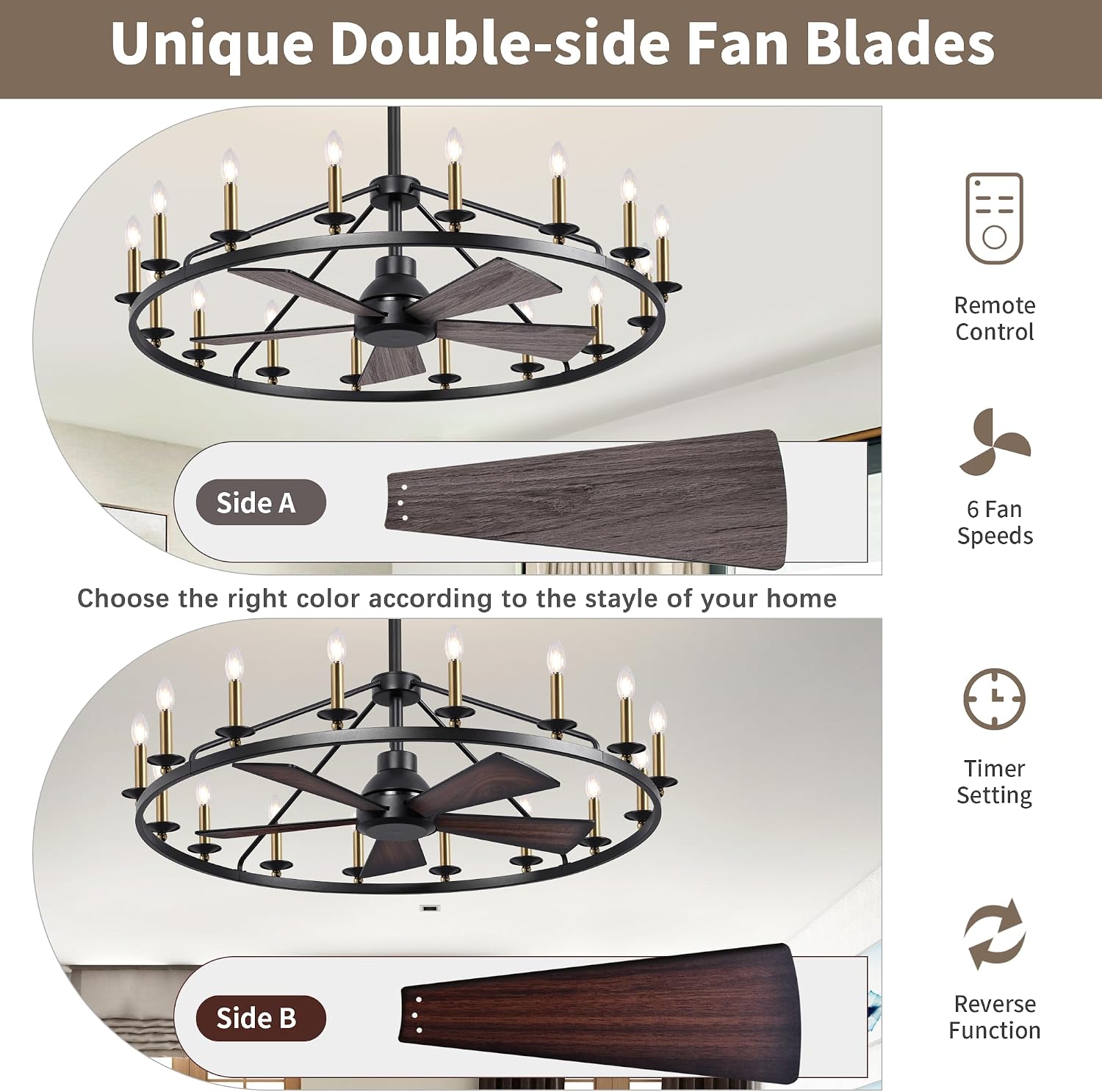 44' Wagon Wheel Chandelier with Fans, Black and Gold Wagon Wheel Ceiling Fan with 16-Light and Remote, Farmhouse Chandelier for Living Room, Adjustable Height, 6-Speed Reversible Quiet Large Fandelier