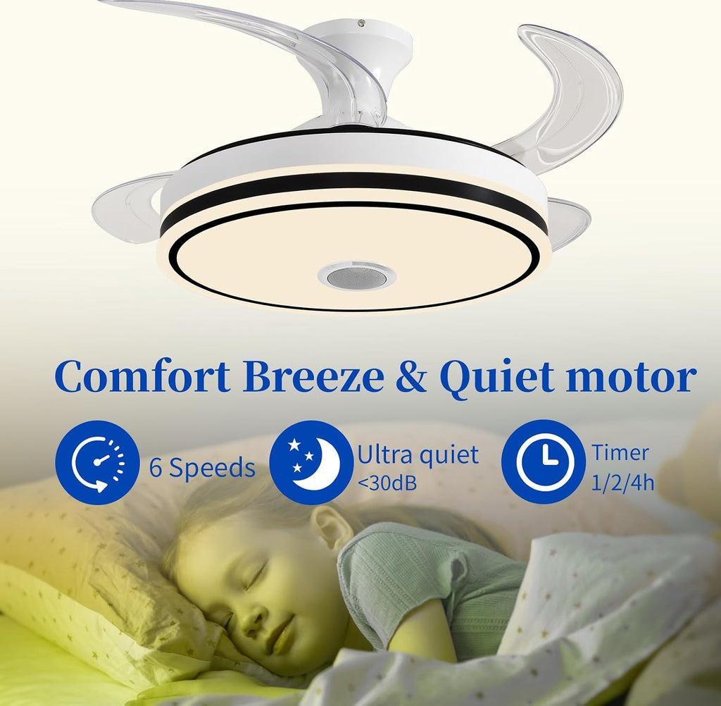 42'' Retractable Ceiling Fan with Lights, Smart Ceiling Fan Light with Bluetooth Speaker, App Control for Dimming & RGB Color Change Reversible Bedroom Living Room