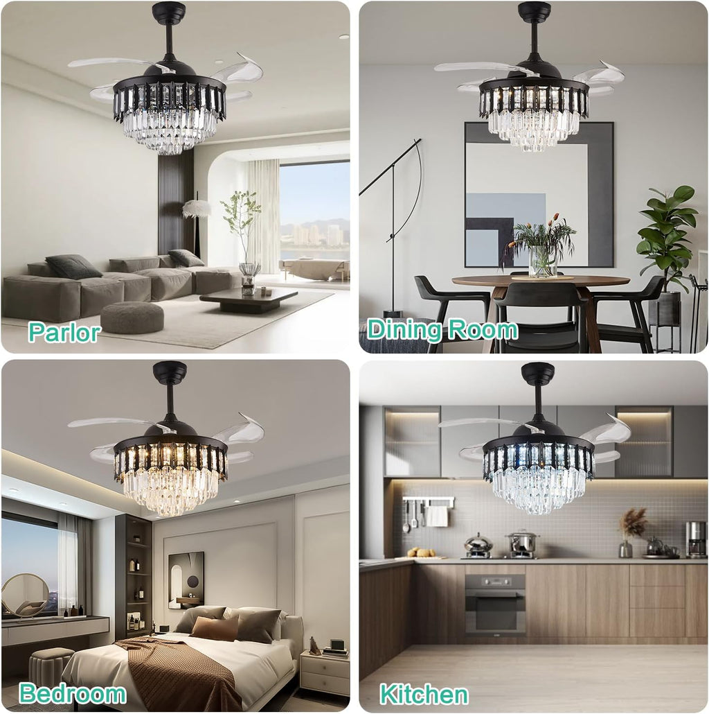 42' Dimmable Black Fandelier Ceiling Fans with Lights and Remote Modern Retractable Blade Crystal Chandelier Ceiling Fan with Lights for Bedroom Dinning Room Living Room
