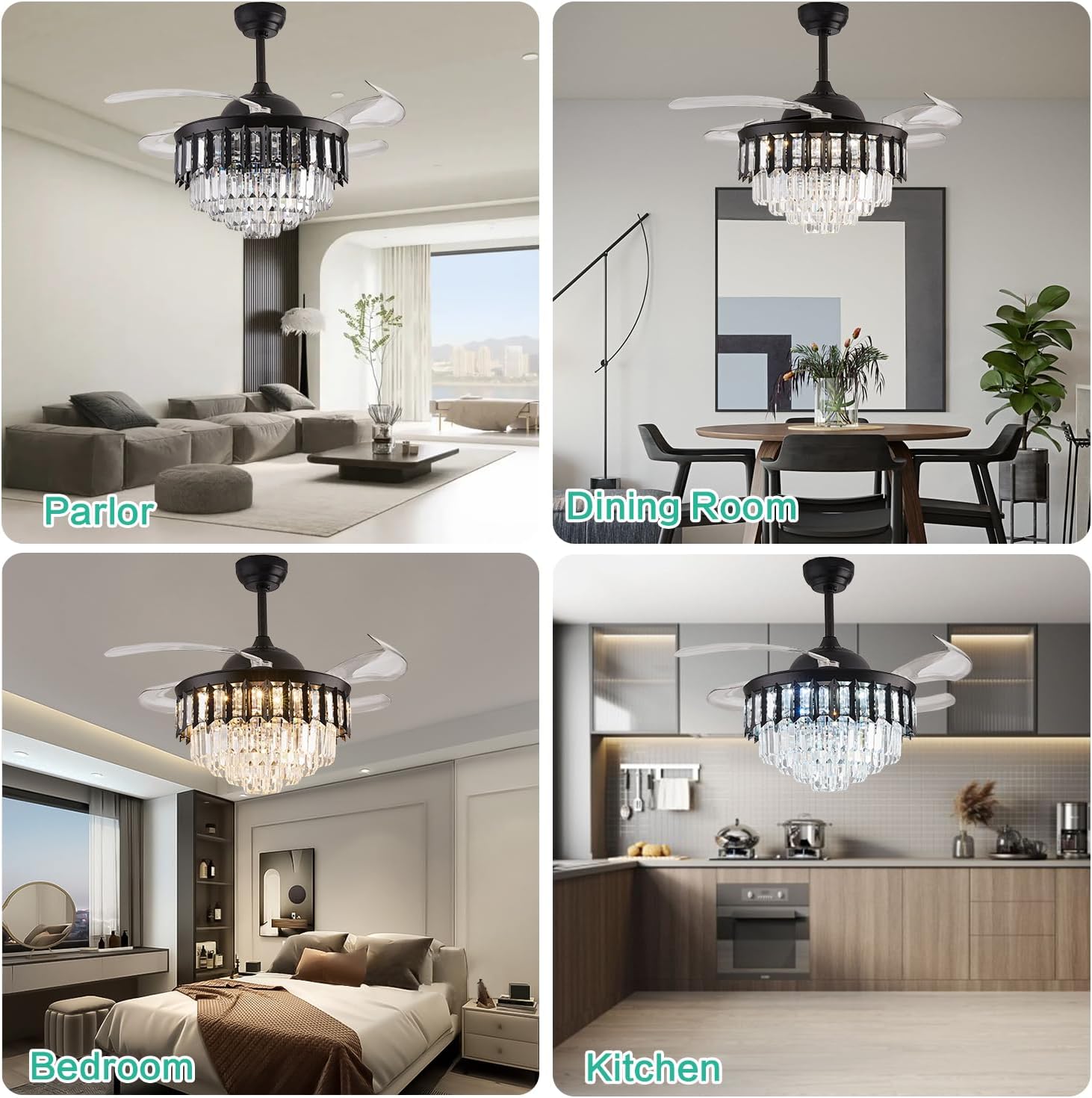 36' Dimmable Black Fandelier Ceiling Fans with Lights and Remote Modern Retractable Blade Chandelier Ceiling Fan for Bedroom Dinning Room Living Room