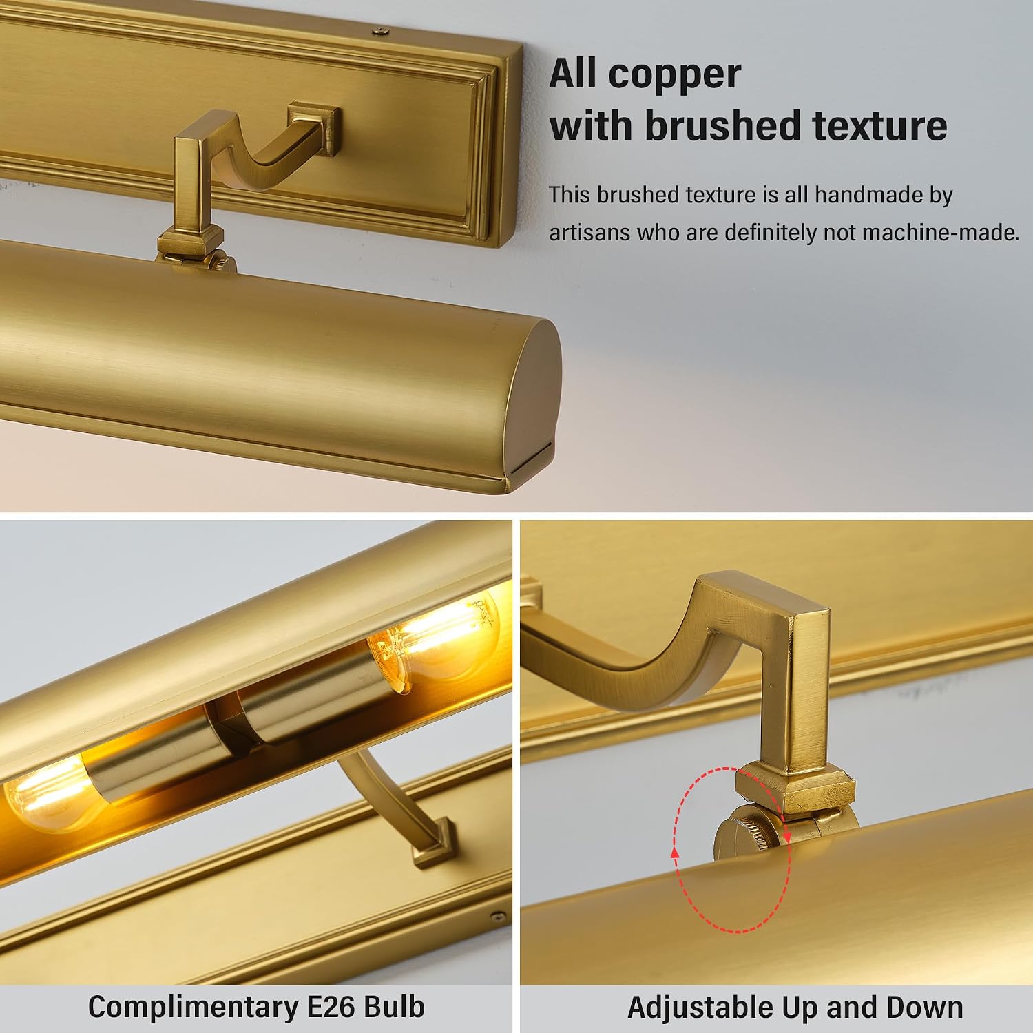 24' Brass Picture Light, 4-Light Gold Hardwired Picture Lights, 270° Rotatable Wall Sconce Lamp for Frame, Linear Art Light for Wall Painting Display Artwork Portrait Library Bulbs Included