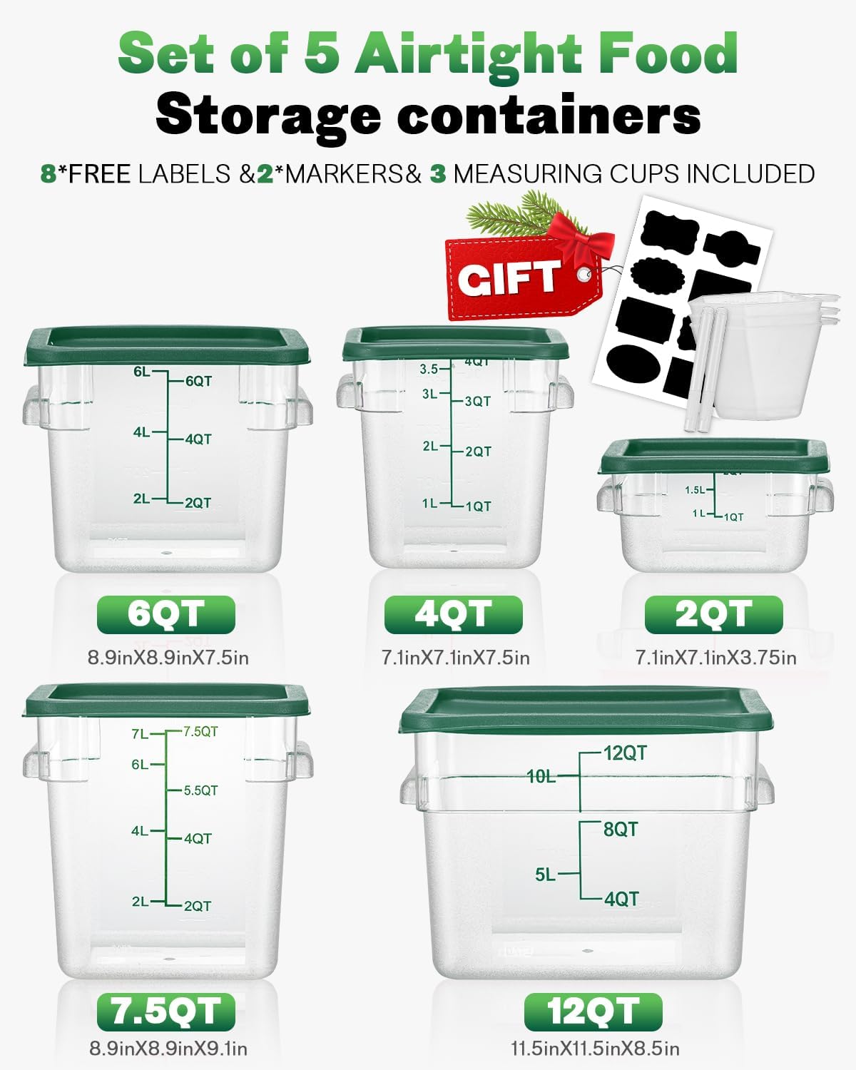 12QT NSF Food Storage Containers: 6PCS [Food Grade][Hot&Cold Resistant] Commercial Clear Food Storage Containers with Lids for Restaurant Kitchen Proof Dough, Measuring Spoons Included(GREEN)
