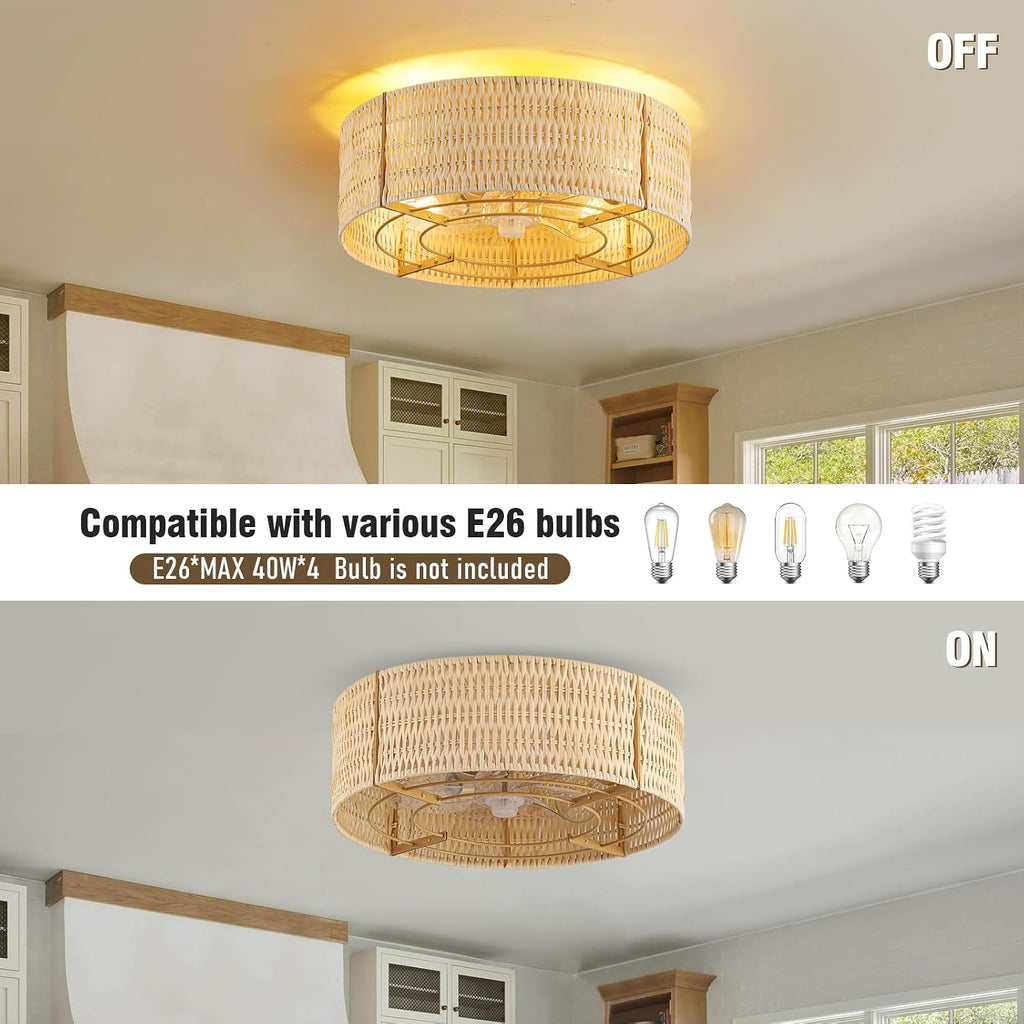 Caged Ceiling Fans with Light,Rattan Flush Mount Ceiling Fan with Light and Remote Control, Boho Fandelier Ceiling Fan 6 Speeds for Bedroom, Living Room, Kitchen, Nursery, Porch