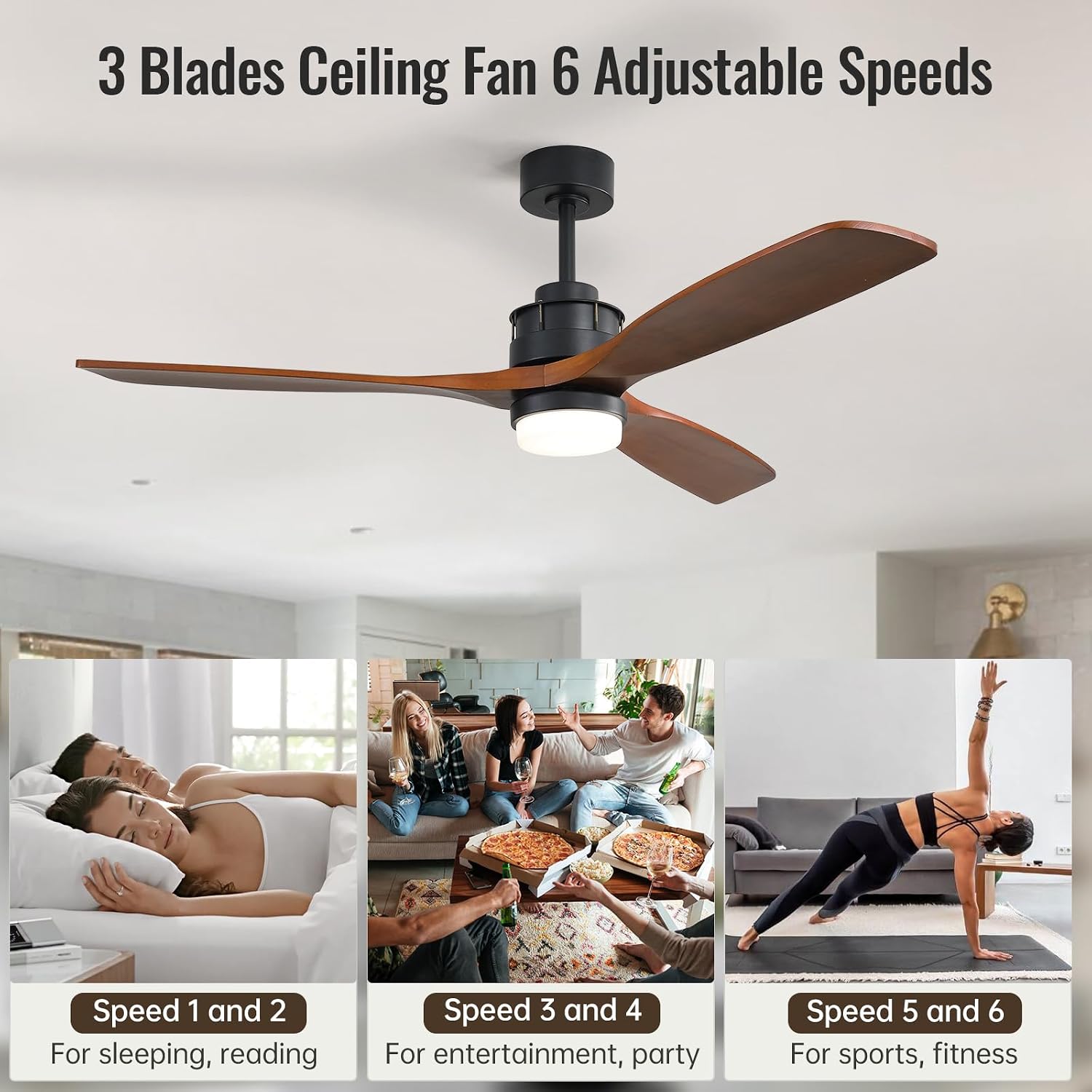 Sofucor 60 inch Ceiling Fan with Lights and Remote, Modern Large LED Wood Ceiling Fan for Indoor Living Room Bedroom Outdoor Patio Porch, Reversible DC Motor