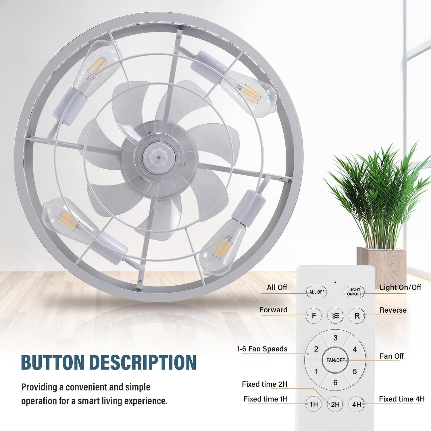 COCOSTAR Small Farmhouse Ceiling Fan with Light and Remote//APP, 20in White Caged Fandelier with Lights for Kitchen, Bedroom（4 Speed, Timing）