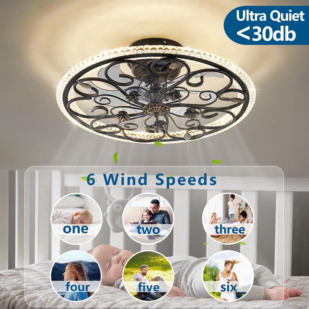 Retro Black Caged Ceiling Fan with Lights Remote Control, 6 Speeds 3 Color Industrial Ceiling Fan with Light for Kitchen Bedroom Living Room