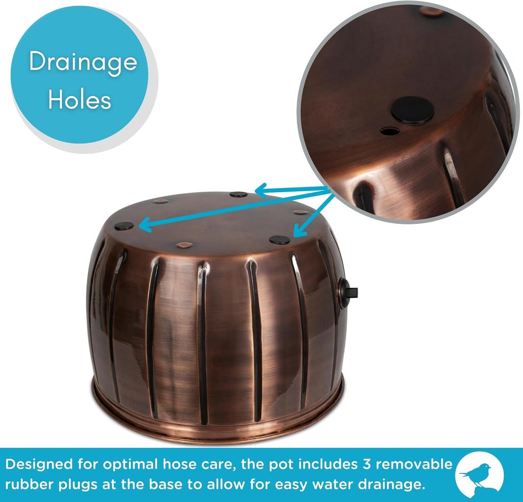 BIRDROCK HOME Water Hose Holder - Decorative Metal Pot, Indoor or Outdoor, Garden Storage Organizer, Patio Portable Bucket - Antique Copper, Holds up to 100ft Hoses, Medium No Lid