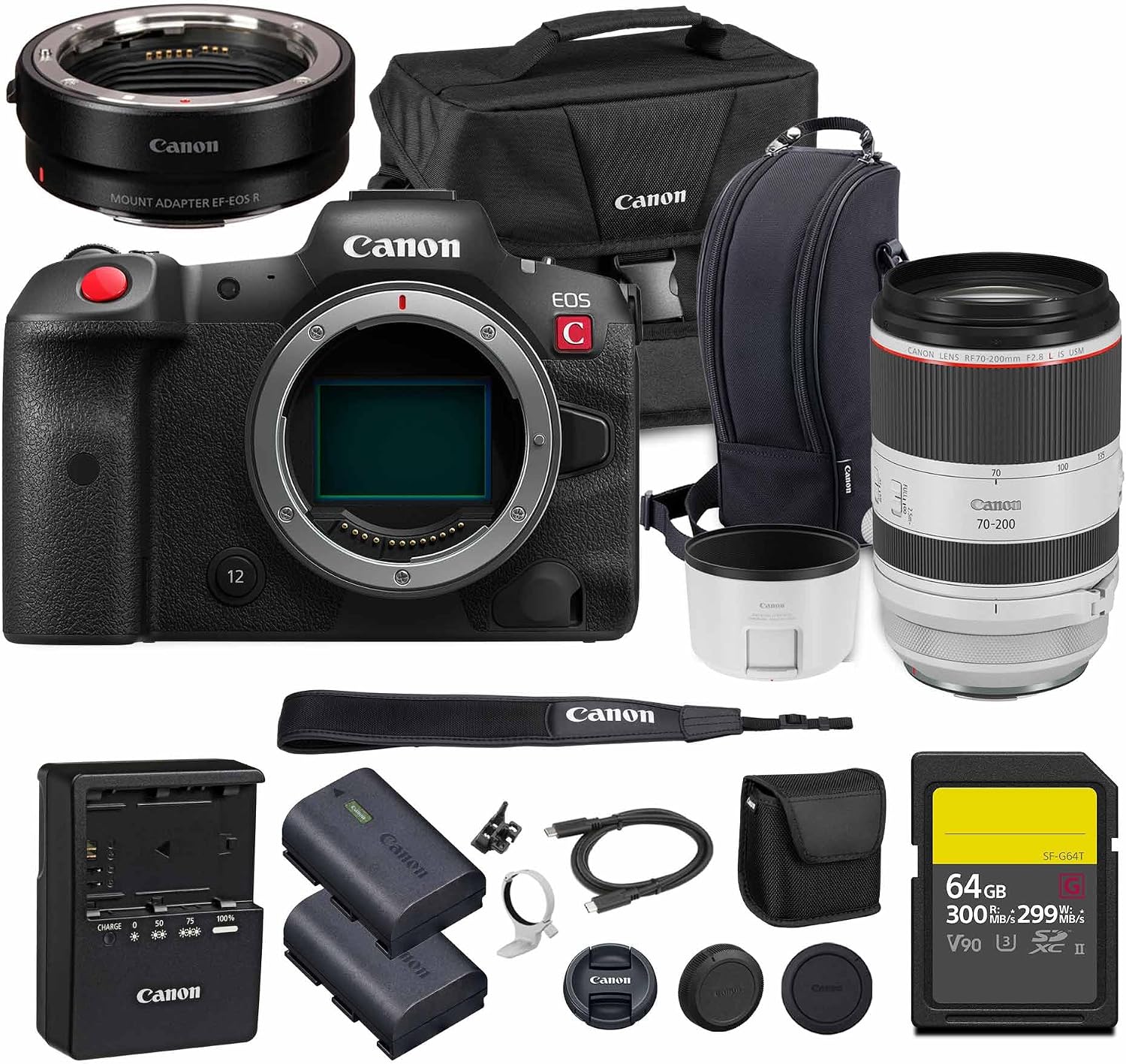 Canon EOS R5 C Mirrorless Cinema Camera 45MP Full Frame 8K RAW Video Dual Pixel AF Hybrid Photography Filmmaking Camera (5077C002) + Canon RF 70-200mm Lens + Adapter EF-EOS R + LP-E6P Battery + More