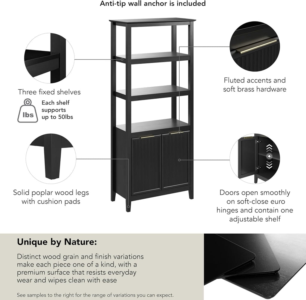 Bush Home 5 Shelf Bookcase with Doors, Fluted Tall Bookshelf Storage Cabinet with Open Shelves and Closed Storage for Living Room, Bedroom or Home Office Display, Camille Collection, Onyx Birch