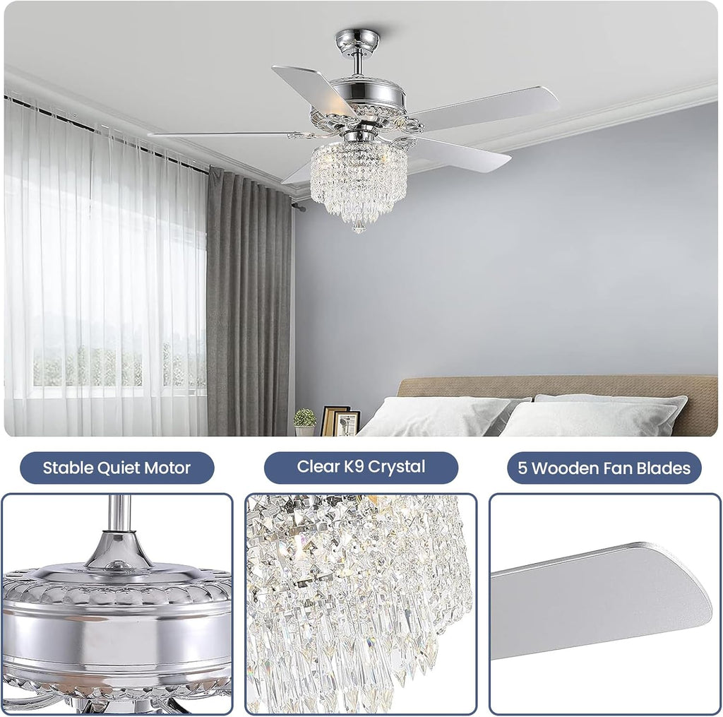 Crystal Ceiling Fan with Lights Modern Chandelier Fan with Remote Chrome Reversible Fan Light Fixture for Bedroom Dining Room 52'