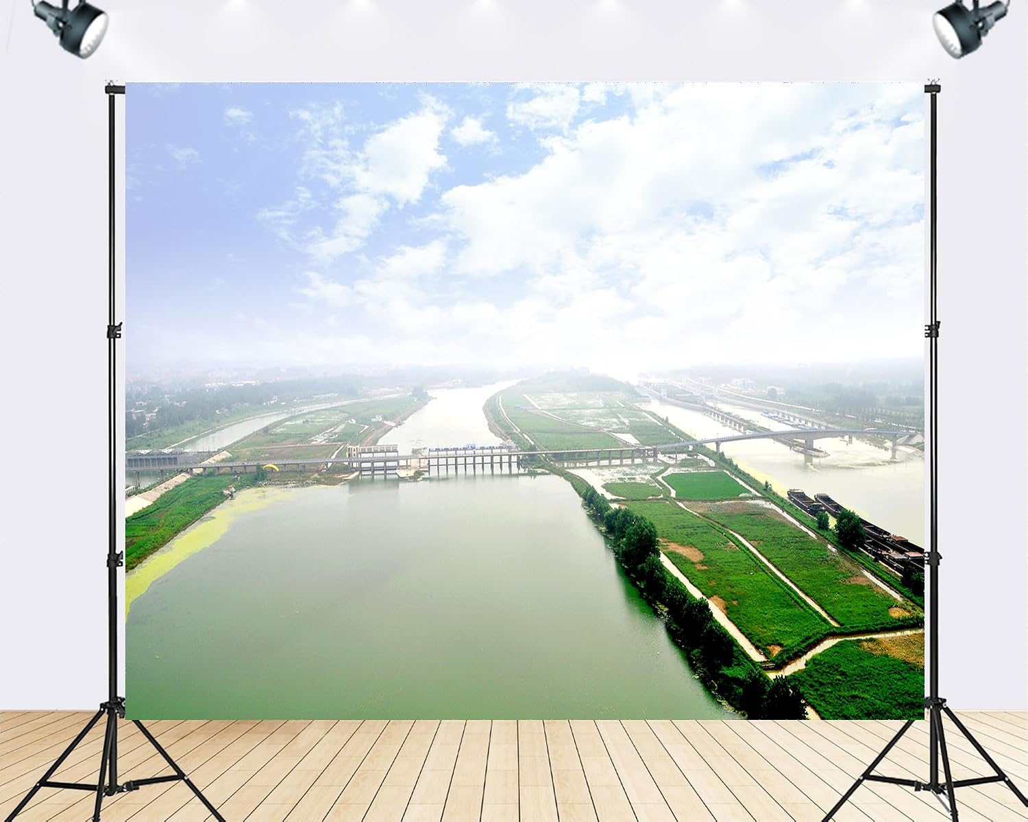 Trykid 20x10ft River Bridge Wetland Backdrop Bright Green Clear Blue Misty Water Urban Natural Scenery Photography Background City Theme Party Decoration Photo Booth Prop Fabric