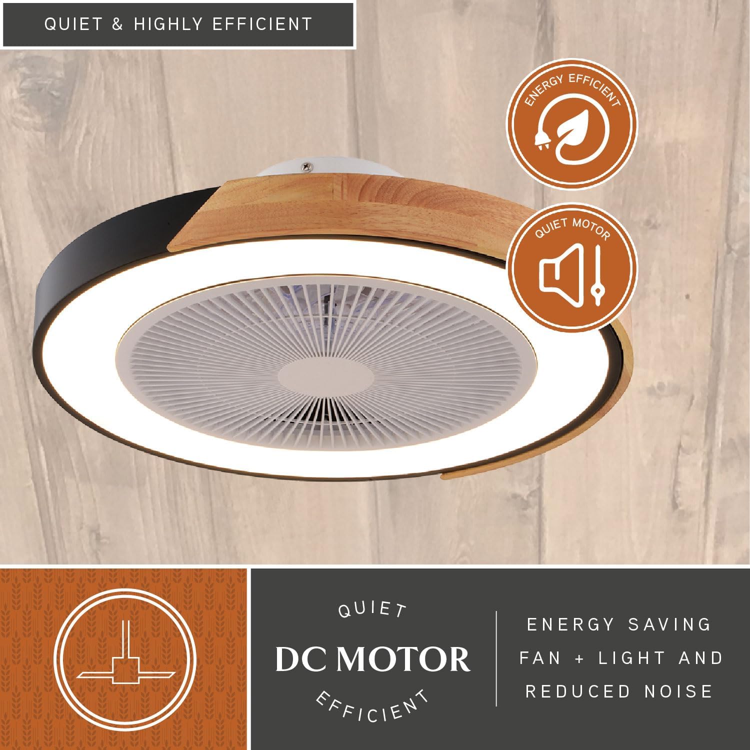 VAXCEL Everette 20 in. Matte Black Indoor Low Profile Flush Mount Contemporary Ceiling Fan with Clear Blades, Dimmable Integrated LED Light Kit and Remote Control, 6 Speed, Energy Efficient DC Motor