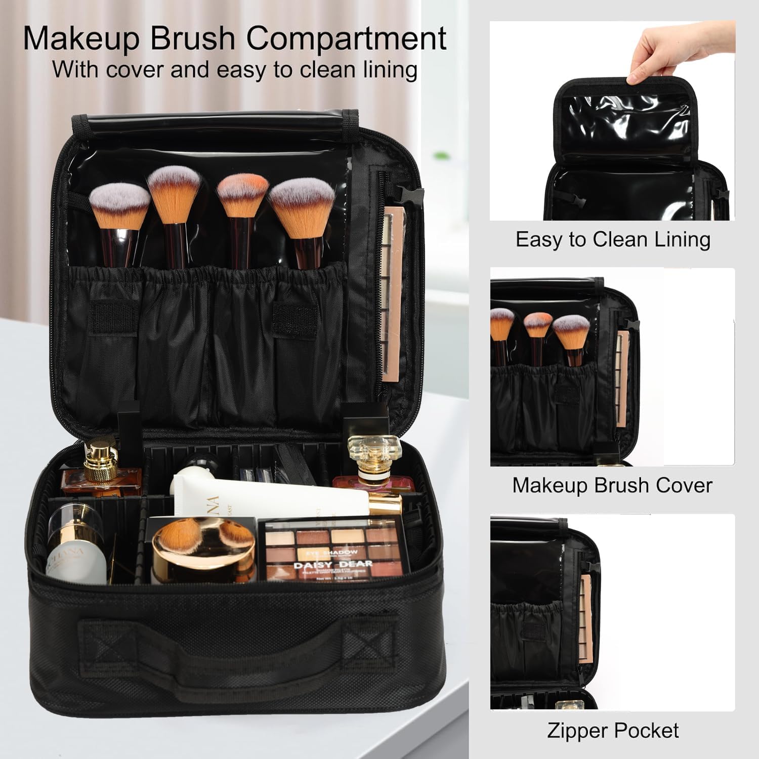 5-in-1 Rolling Makeup Train Case, Large Professional Cosmetic Trolley Organizer on Wheels with 360° Swivel Wheels, Lockable Black Aluminum Travel Case for Makeup Artists, Nail Techs & Hairstylists