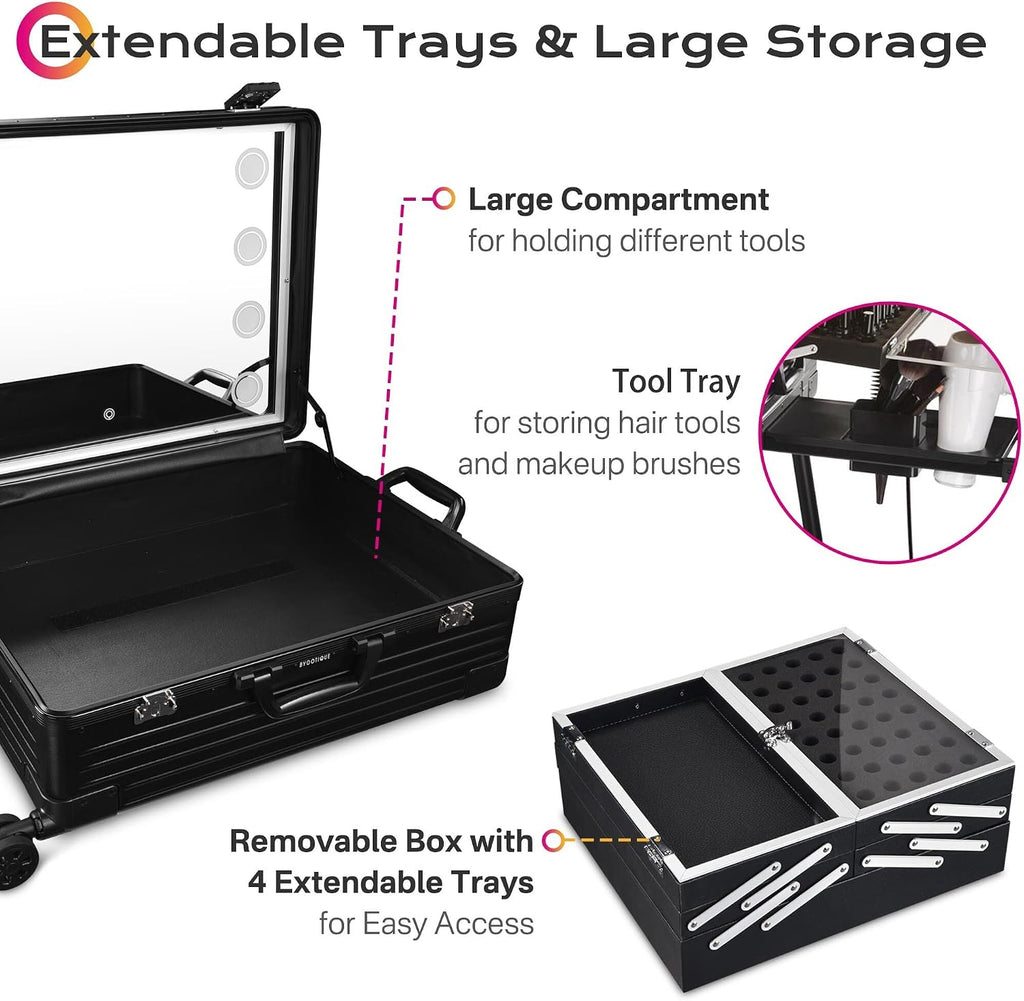 BYOOTIQUE Rolling Makeup Case with LED Lighted Mirror 24 Inch Professional Cosmetic Organizer Storage Travel Aluminum Trolley Case with Extendable Tray Adjustable Leg For Makeup Artist Studio Salon
