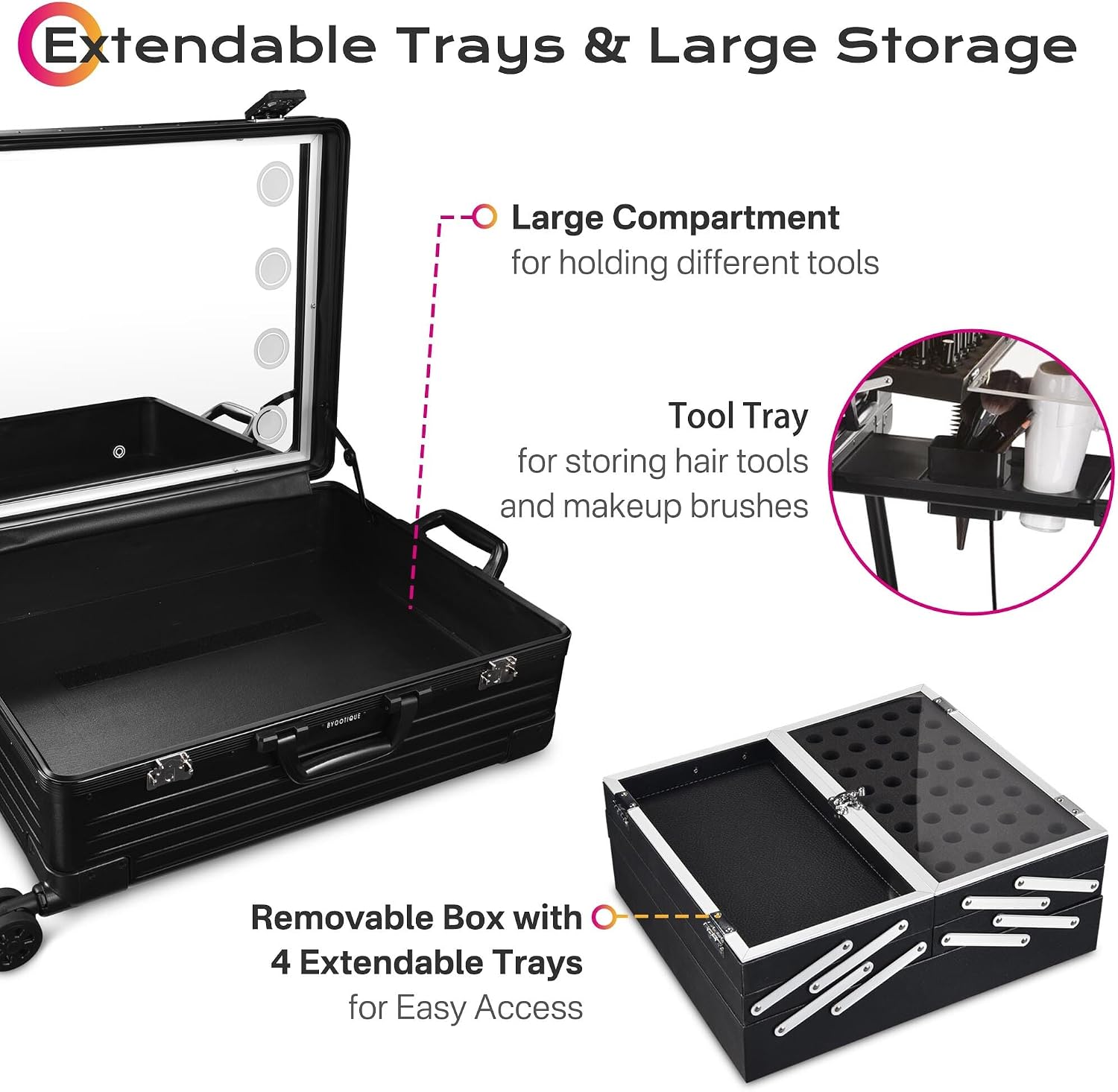 BYOOTIQUE Rolling Makeup Case with LED Lighted Mirror 24 Inch Professional Cosmetic Organizer Storage Travel Aluminum Trolley Case with Extendable Tray Adjustable Leg For Makeup Artist Studio Salon