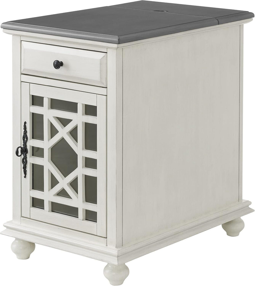 Martin Svensson Home Elegant Chairside End Table with Power — 24″W x 16″D x 25″H, White with Gray Top — Transitional Painted Accent Table with Flip-Top USB Charging, Drawer & Cabinet Storage