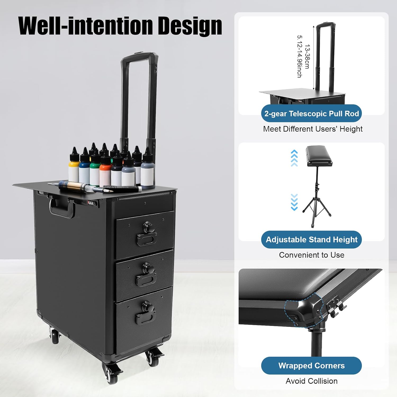 2 in 1 Tattoo Work Station - Manicure Embroidery Hairdressing Travel Case, Beauty Salon Station Suitcase With Lock, Rolling Makeup Trolley With Armrest Stand (Metal)